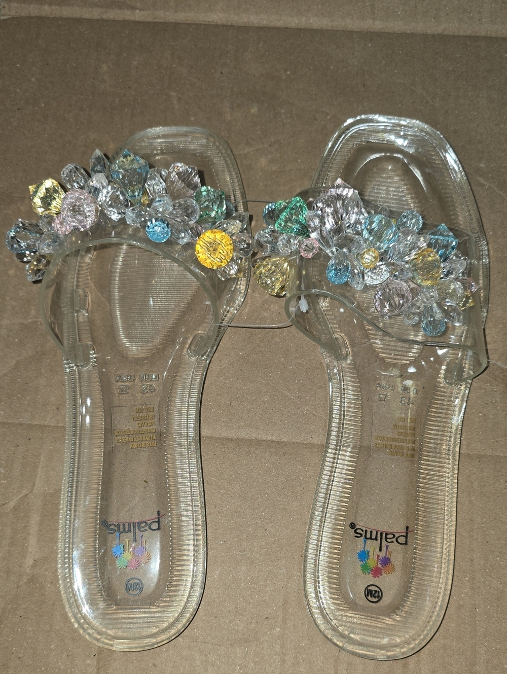 Womens Palms Clear Slide-on Flipflops With Plastic Gems Size 12